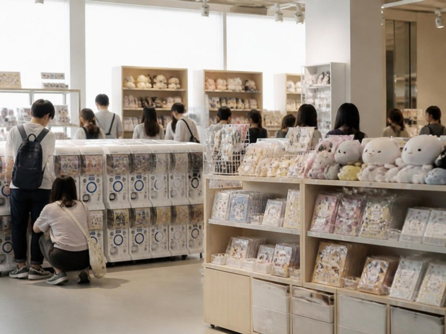ファッションビルのカプセルトイとキャラクターグッズの売場のイメージ（AI生成）