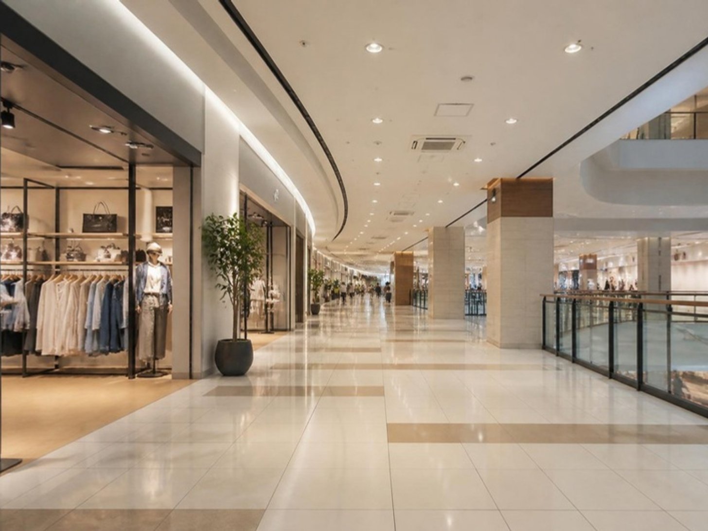 ショッピングモールの通路と店舗のイメージ（AI生成）