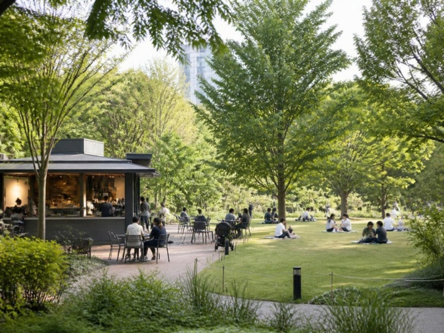 カフェのある都市公園のイメージ（AI生成）