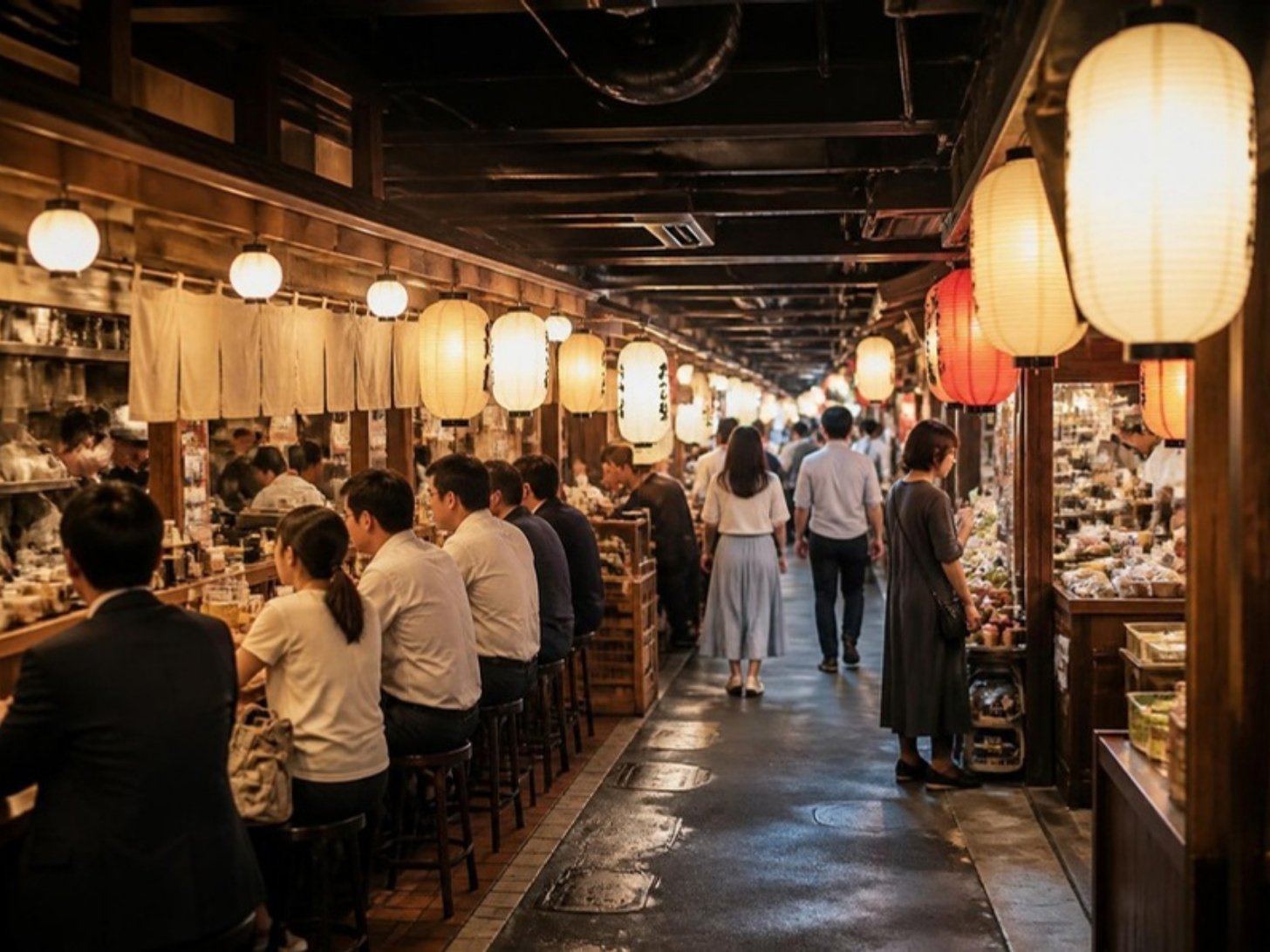 複合施設内の横丁型飲食ゾーンのイメージ（AI生成）